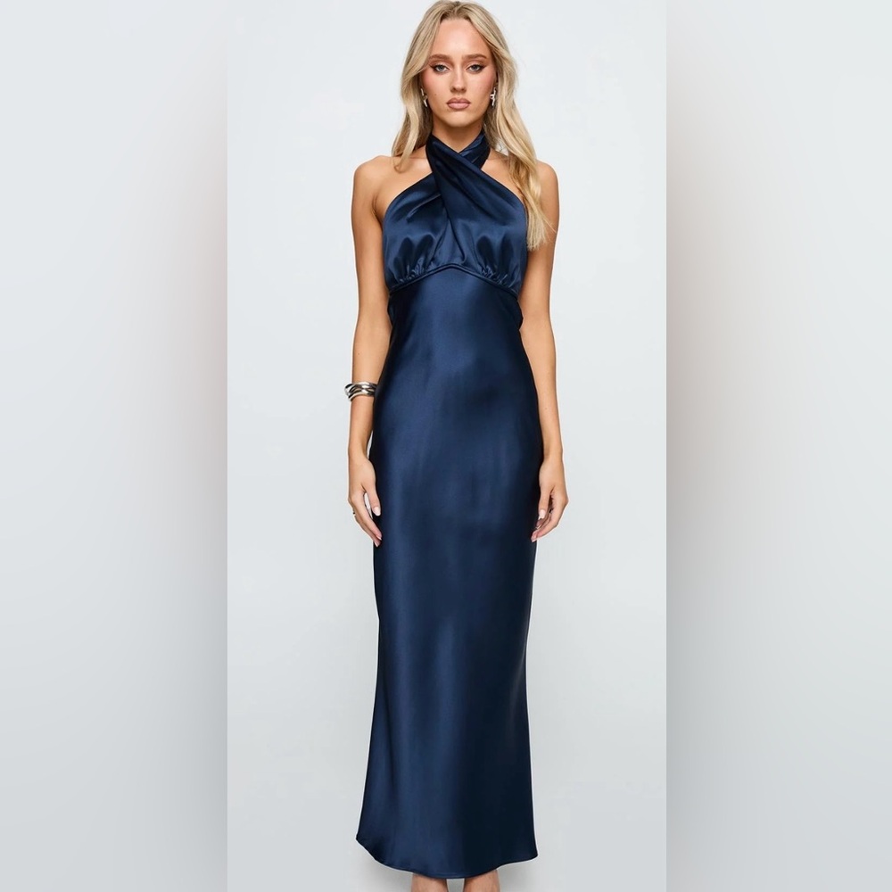 Princess Polly Navy Satin Halter Maxi Dress
